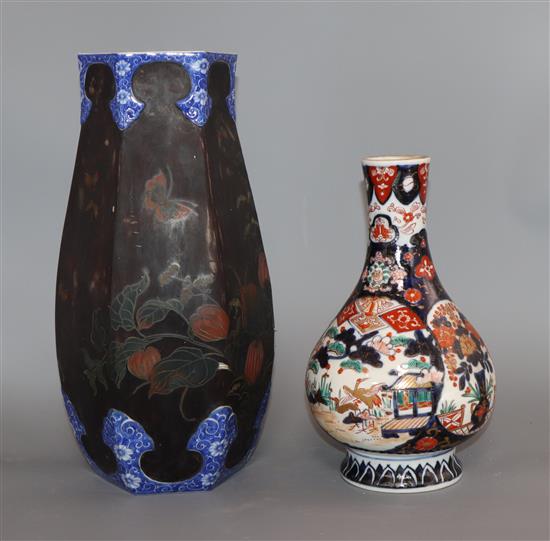 A 19th century Japanese Imari bottle vase and a Japanese lacquer and cloisonne porcelain vase tallest 30cm